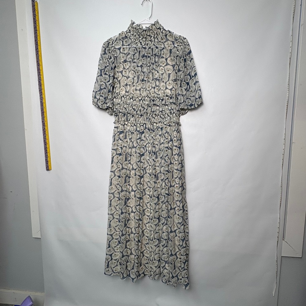 Rebecca Taylor Silk Floral Smocked Maxi Dress Blue Cream Size 6 Romantic Garden